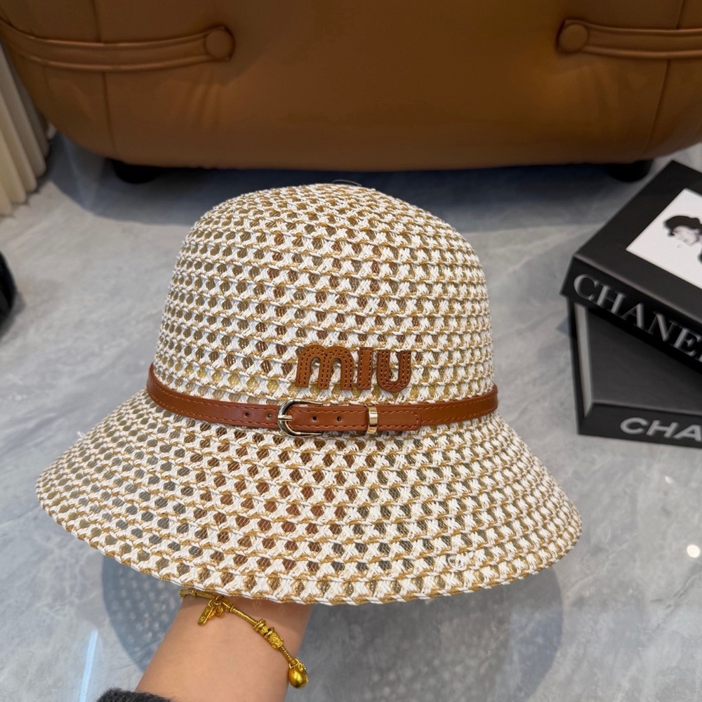 Miu Miu Cream and Brown Woven Straw Bucket Hat with Logo Strap